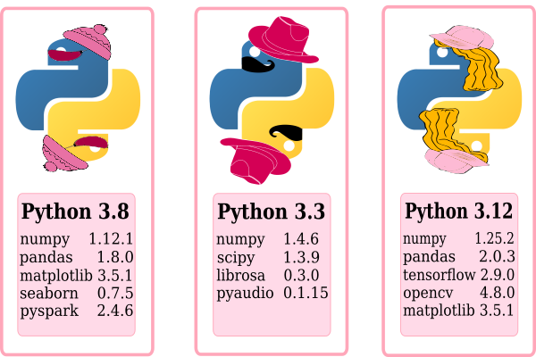 Three depictions of the Python logo dressed up in different outfits. Under each logo is a box containing text, each showing a different Python version number and a unique combination of Python packages (such as NumPy) with different package versions.