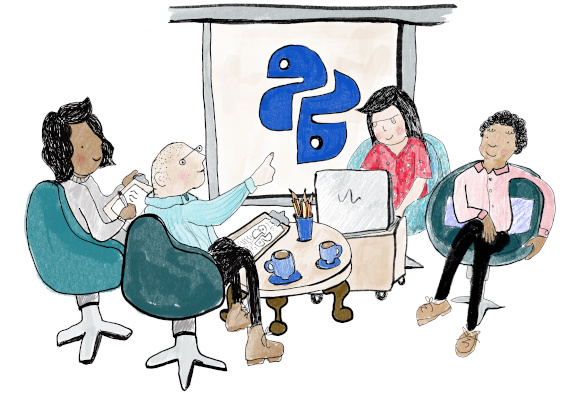 Cartoon of  four people sat around a table, with laptops. One of them is pointing at a projector screen with the python logo on it.