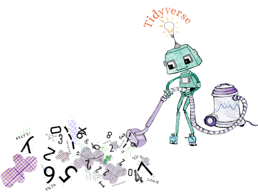 Jumping Rivers robot using a vacuum cleaner on a pile of code and text.