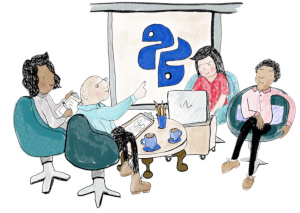 Cartoon of people sat round a table, with the Python logo on a screen in the background.