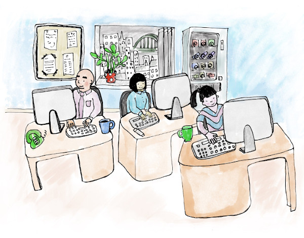 Cartoon of 3 people sitting at desks.